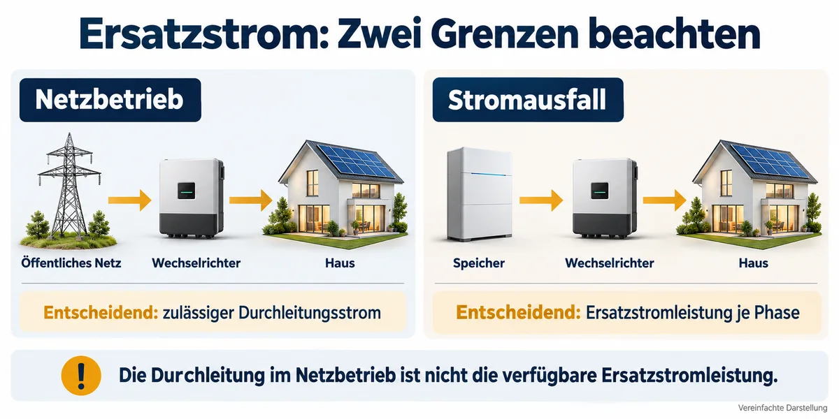 Vergleich von Netz-Durchleitung durch den Wechselrichter und Ersatzstromleistung aus dem Speicher