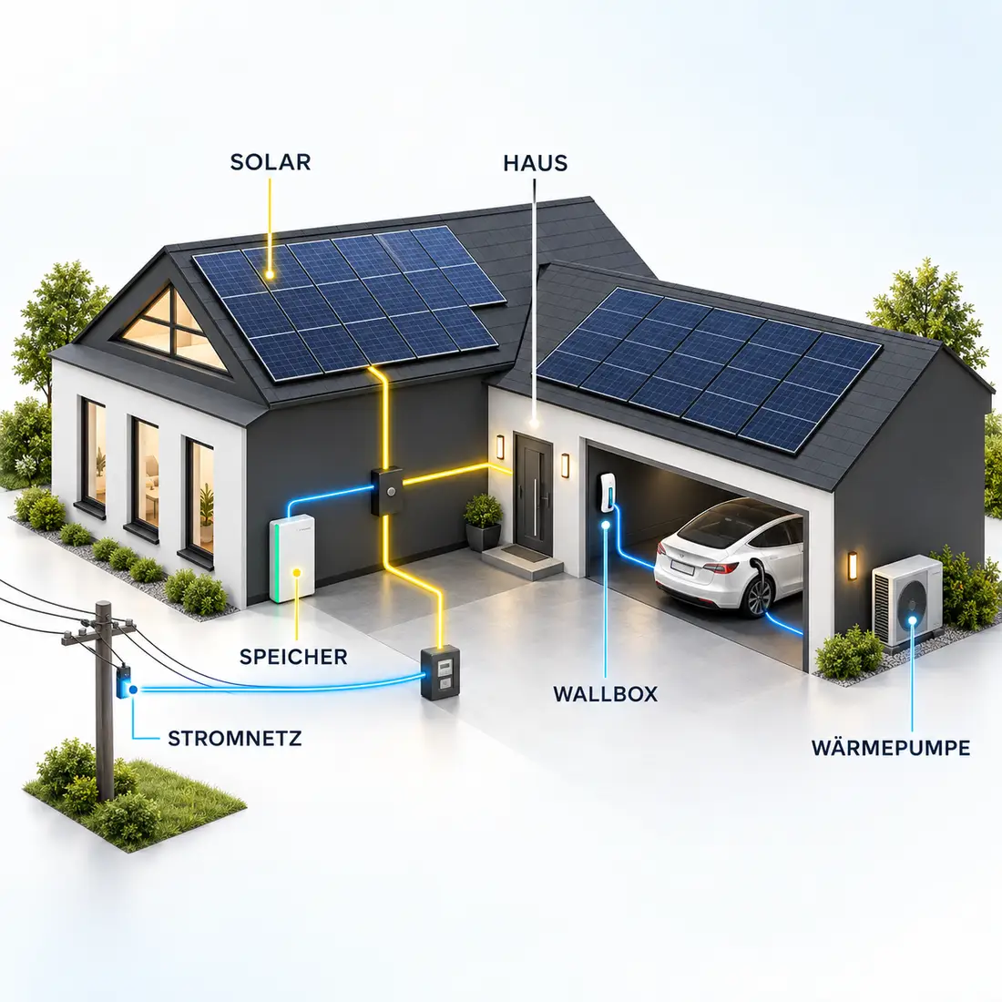 Energiemanagement verbindet Photovoltaik, Haushalt, Stromspeicher, Stromnetz, Wallbox und Wärmepumpe