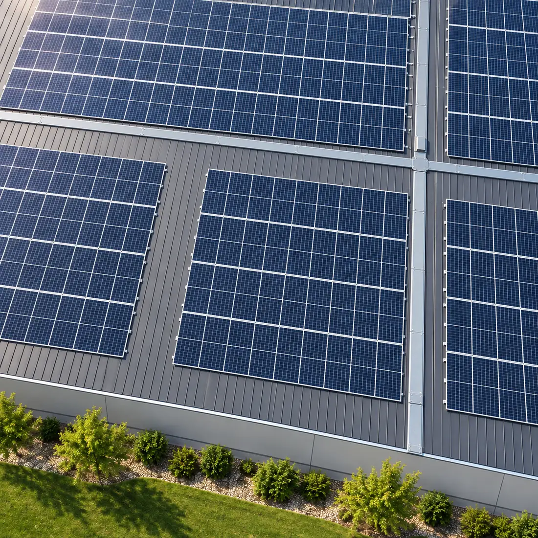 Großflächige Photovoltaikanlage auf einem anthrazitfarbenen Gewerbedach aus der Drohnenperspektive