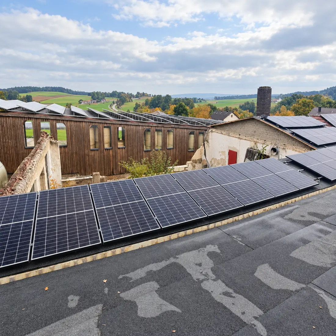 Photovoltaikanlage auf einem bestehenden Gewerbedach im ländlichen Umfeld