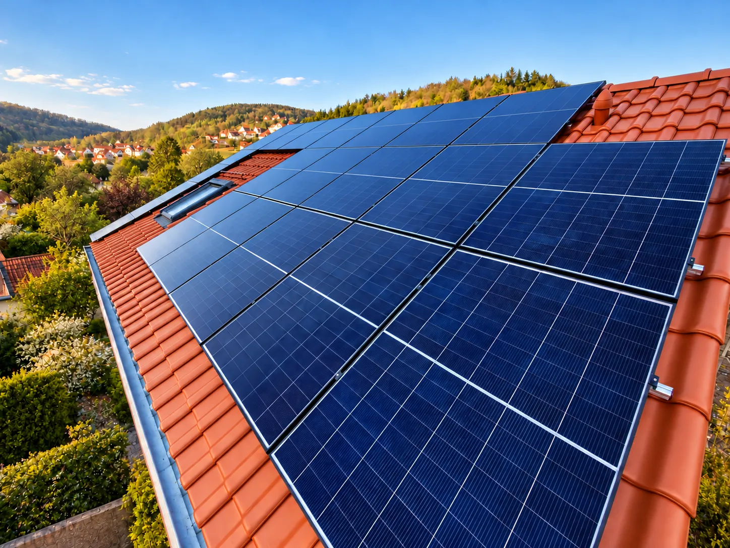 Photovoltaikanlage auf einem sonnigen Ziegeldach mit grünem Umfeld