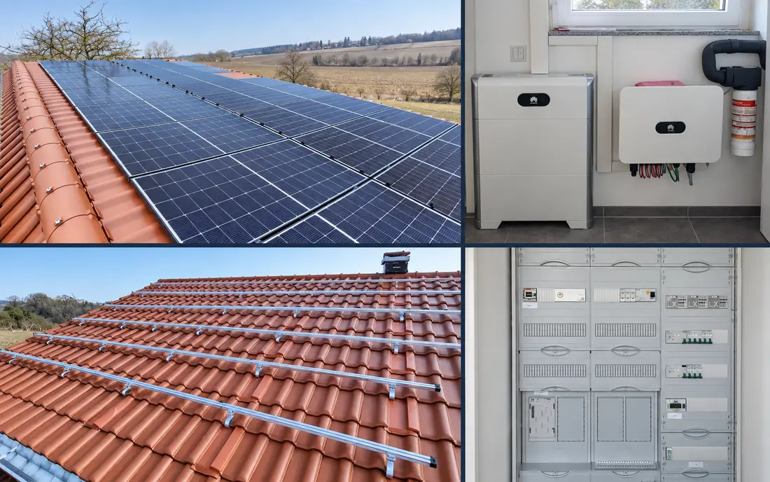 Komplexes Photovoltaiksystem mit Dachmontage, Wechselrichter, Stromspeicher und Elektroverteilung