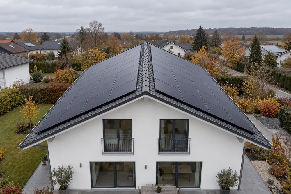 Illustration einer beidseitig belegten Photovoltaikanlage unter dicht bewölktem Himmel