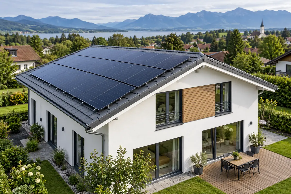 Illustration eines Wohnhauses mit Solarmodulen auf beiden Seiten eines flachen Satteldachs
