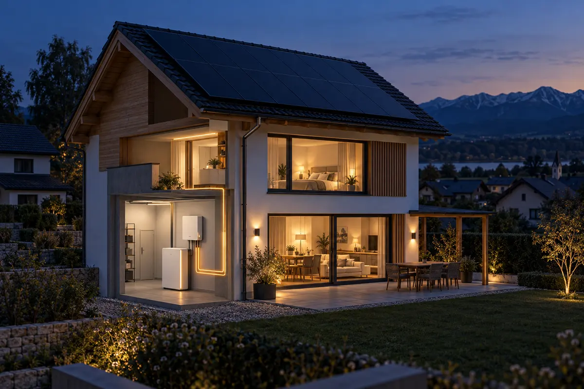Visualisierung eines Hauses mit Photovoltaik und Batteriespeicher zur Ersatzstromversorgung am Abend