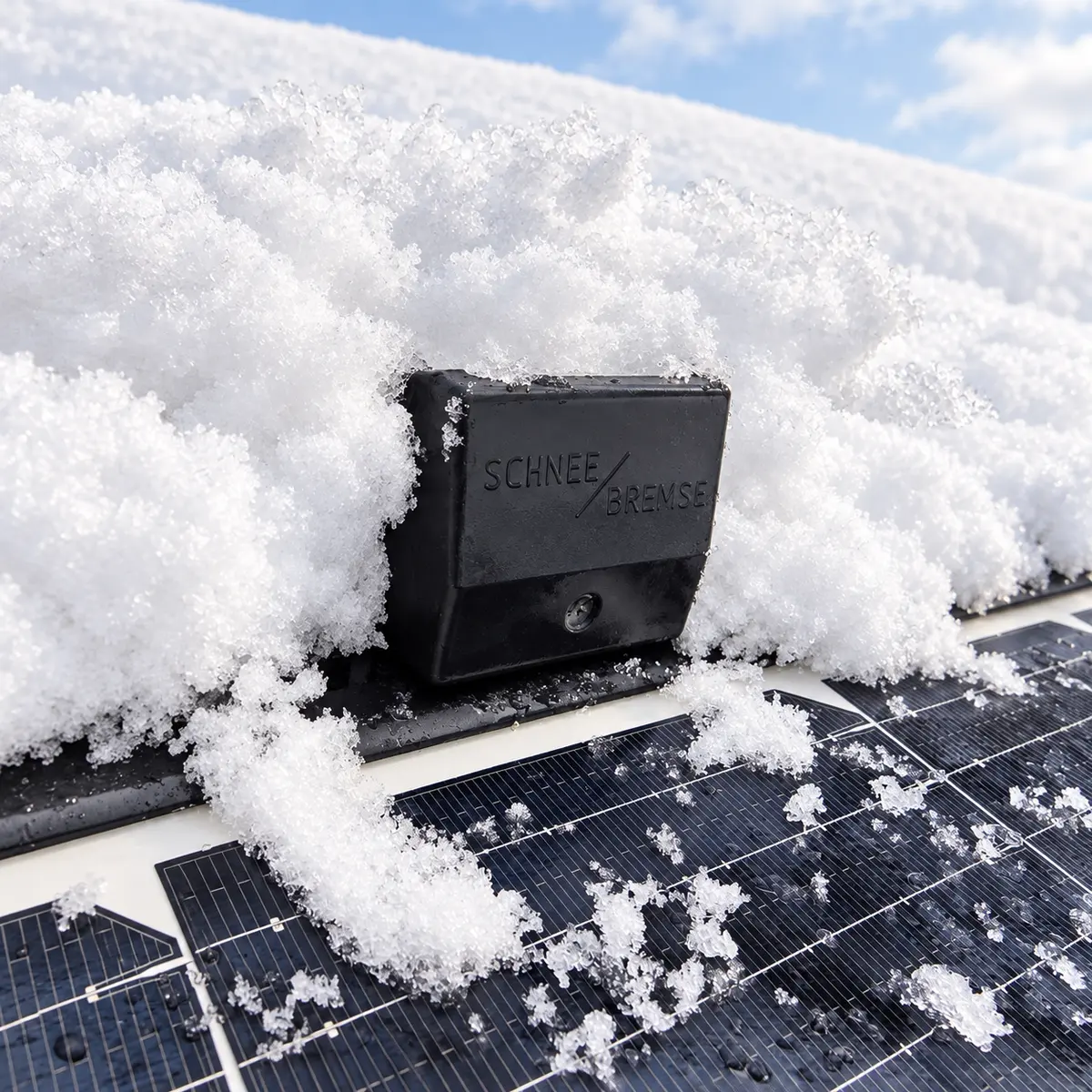 Schneebremse zwischen schneebedeckten Photovoltaikmodulen