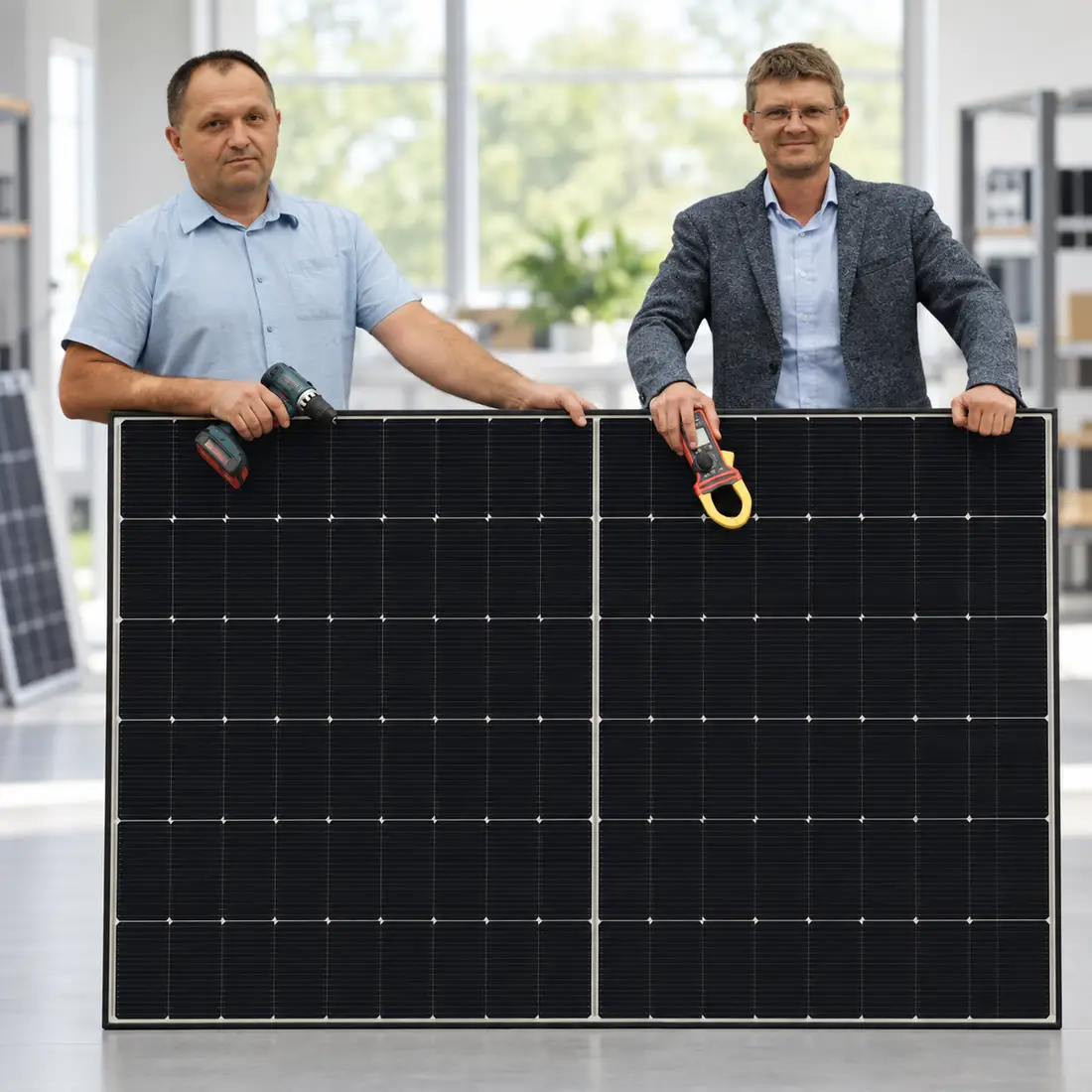 Peter Kropmeier und Viktor Trojanski von E-PN mit einem Photovoltaikmodul